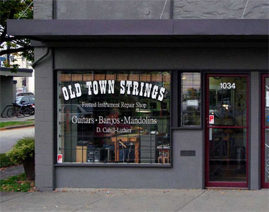 Old Town Strings guitar and fretted instrument repair. Victoria BC storefront.